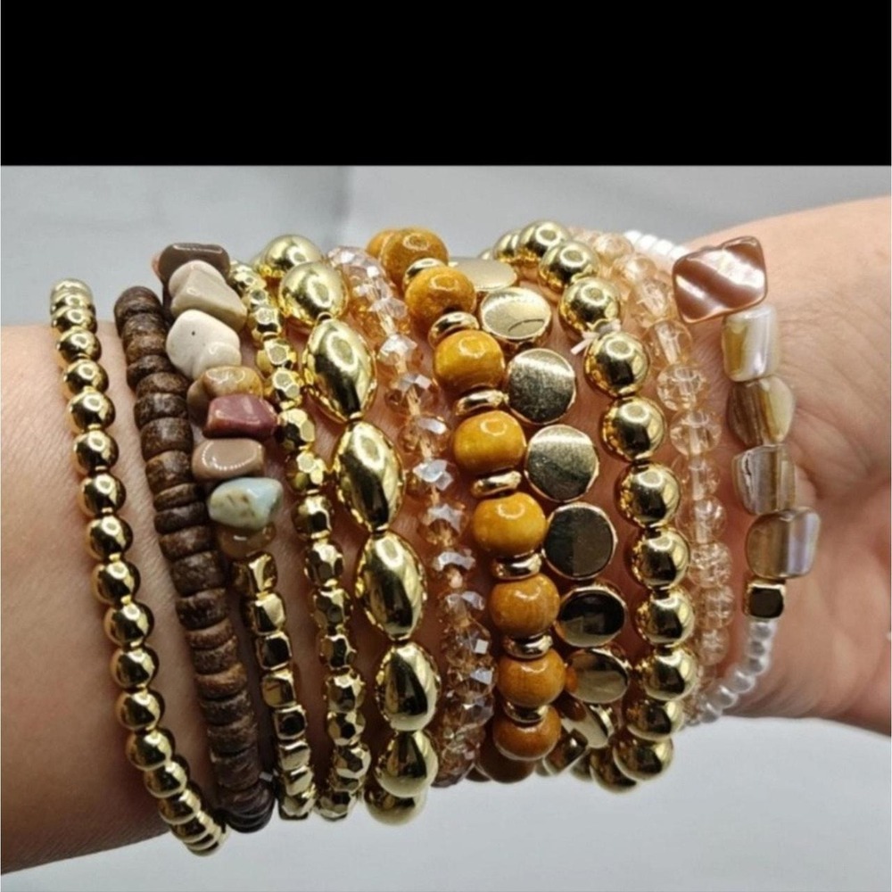 Boho 11 Piece Beaded Stretch Bracelet Stack Gold‎ Tone Wood Stone Crystal Set